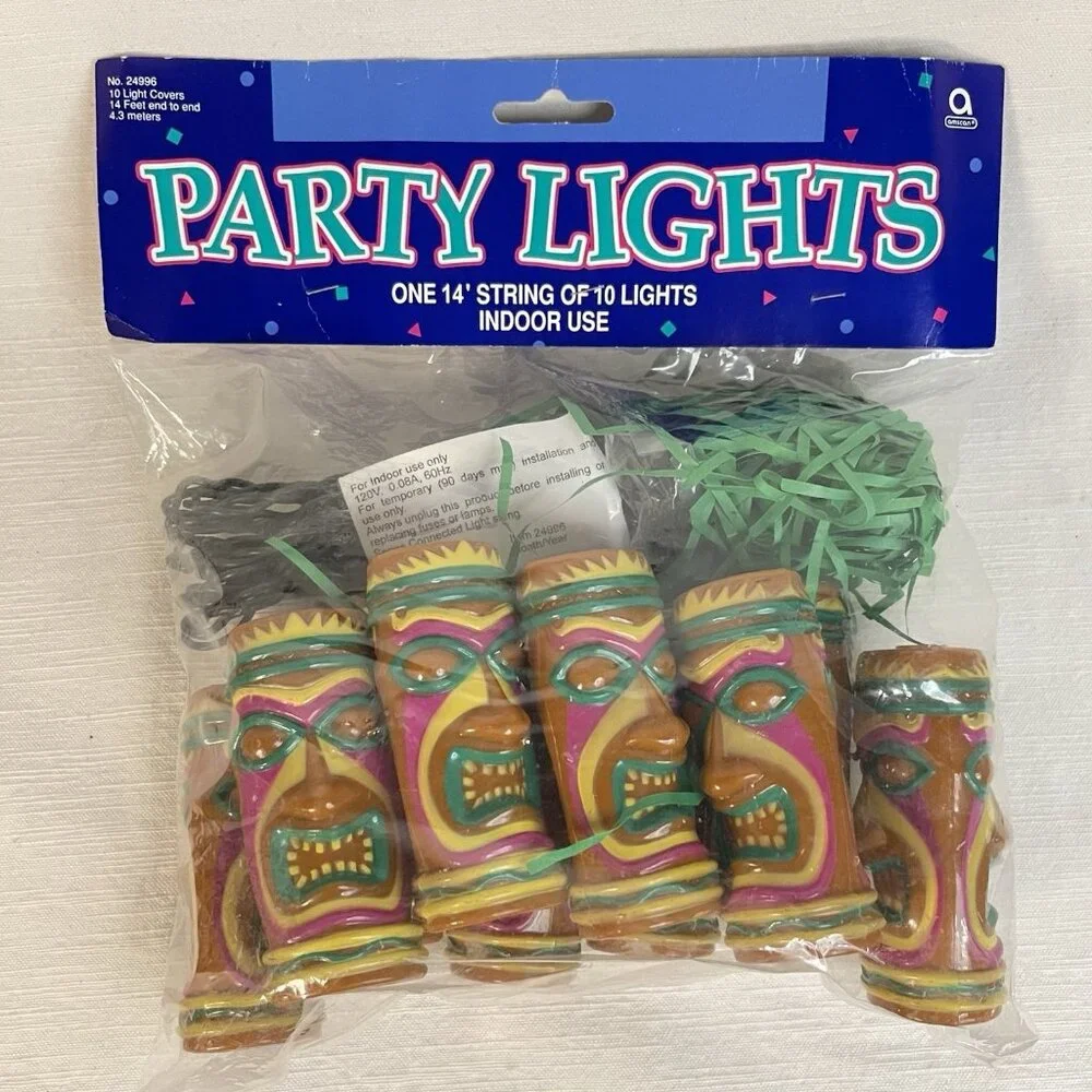 Amscan Tiki Party Lights 10 Blow Mold Style Covers RV Camper Luau Decor 14ft NOS